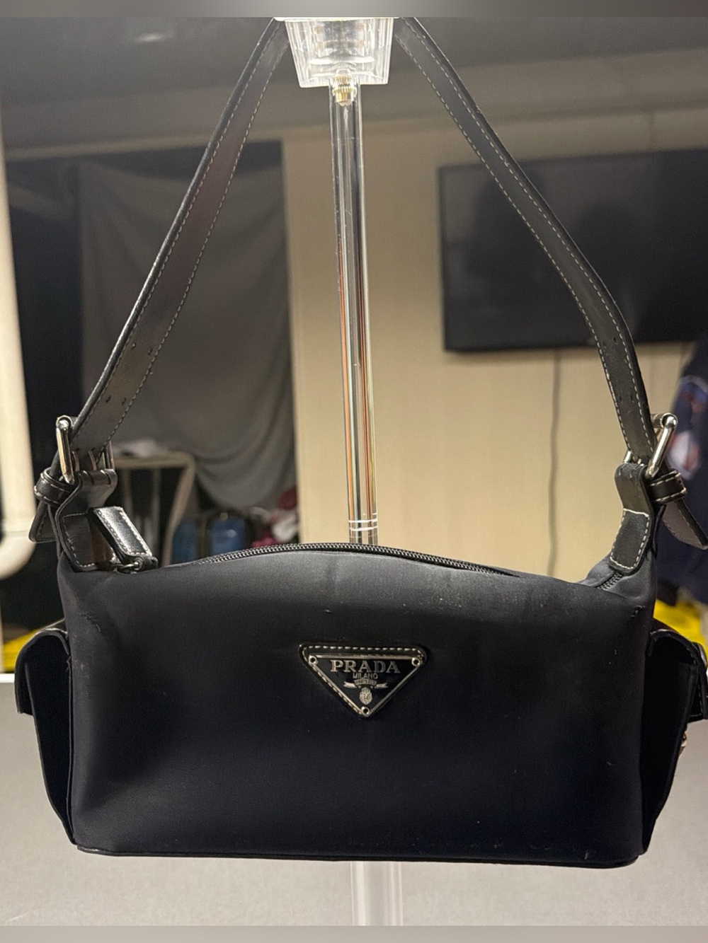 Prada Black Shoulder Bag Logo Accent Zip Closure Silver Hardware Side Pockets - Picture 3 of 8